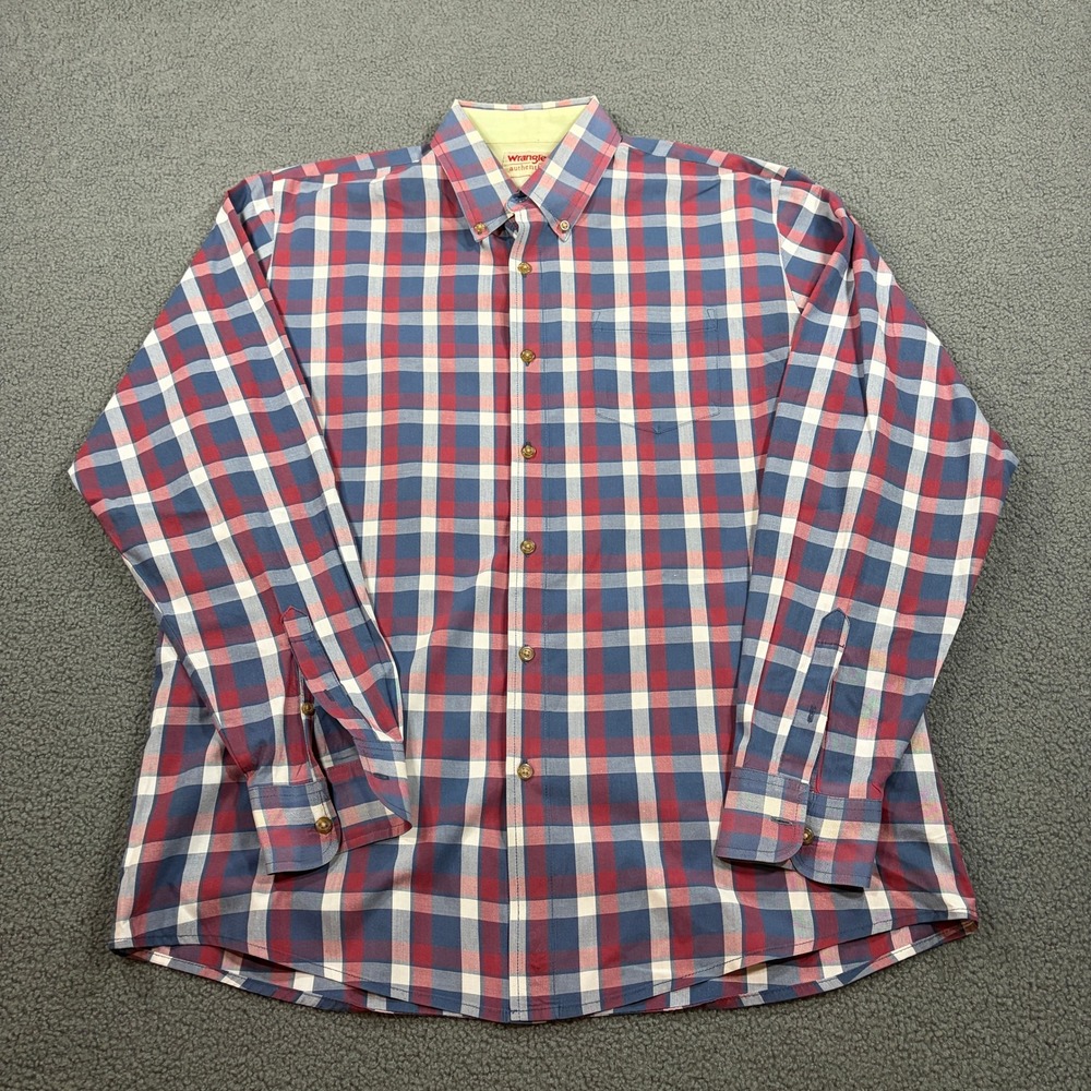 Wrangler Button Down Mens L Blue Red Plaid Authentics HLP3KLB Long Sleeve Shirt